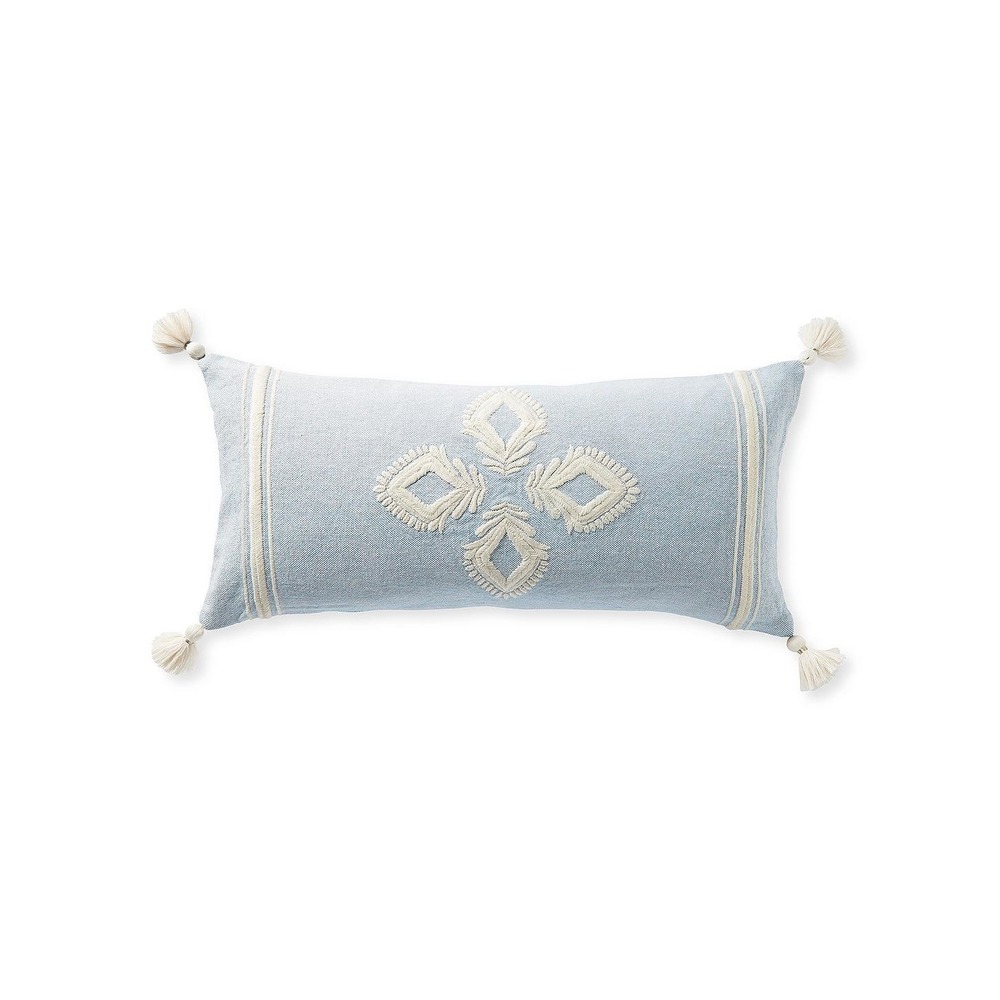 Serena & Lily Coastal Blue White Leighton Embroidered Tassel Pillow Cover 14x30
